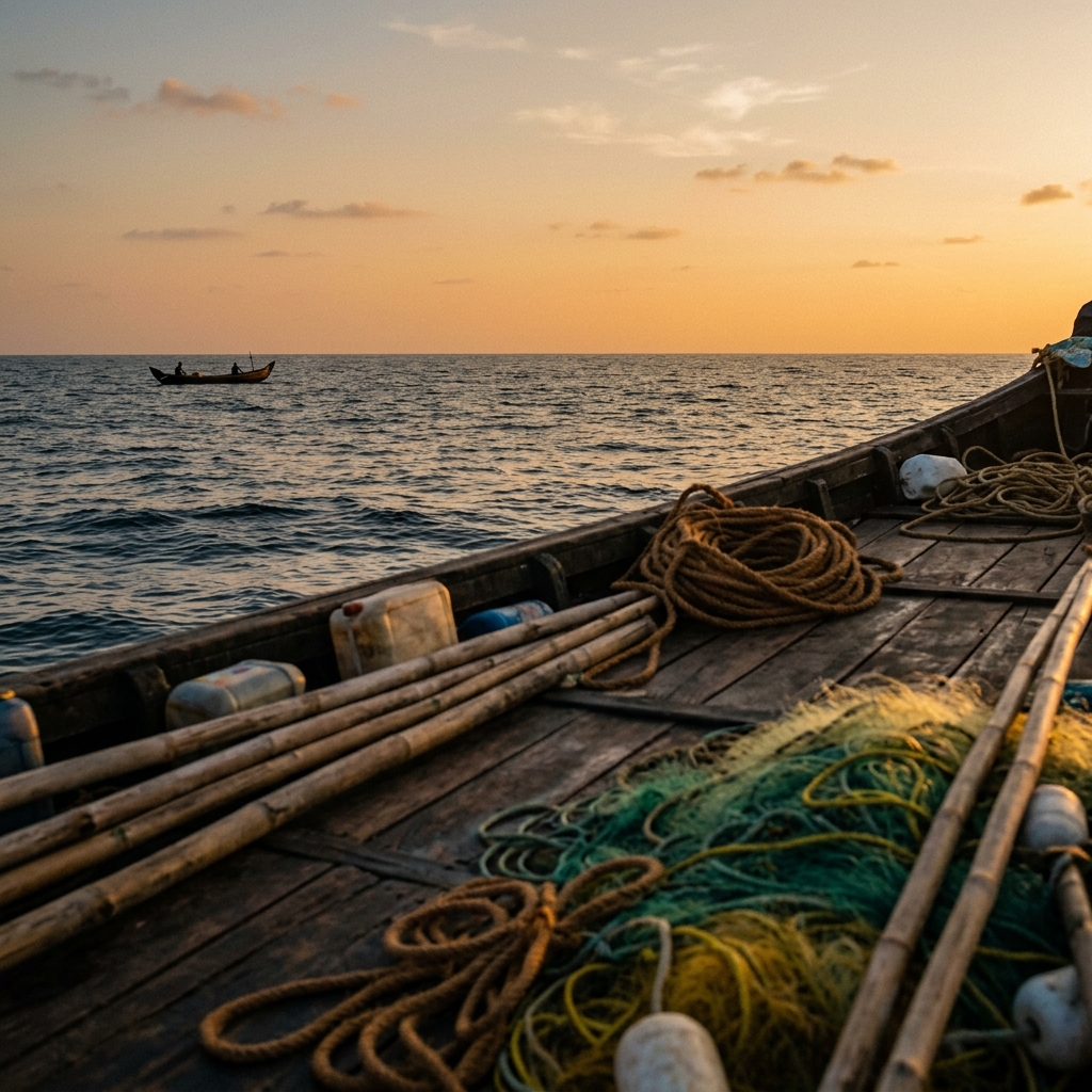 The view from a Kerala fishing boat, looking toward the horizon. Fishing nets in the foreground, open sea ahead.